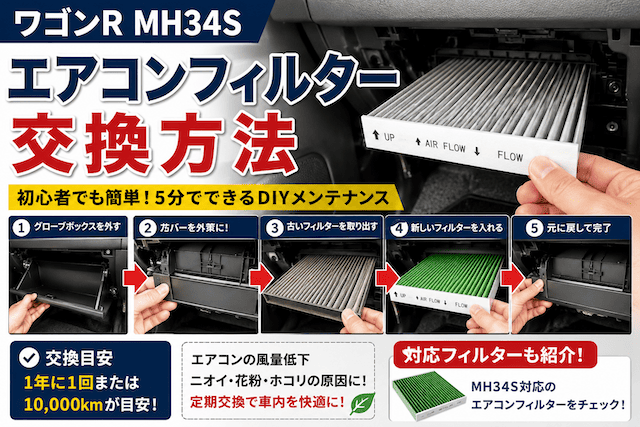 【ワゴンR MH34Sのエアコンフィルター交換方法】グローブボックス奥から簡単交換